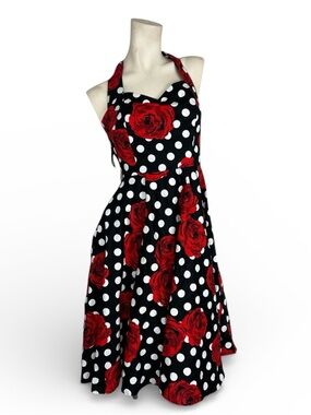 Retro Pin Up Polka Dot Rose Halter Dress Medium Smocked Back Fit & Flare